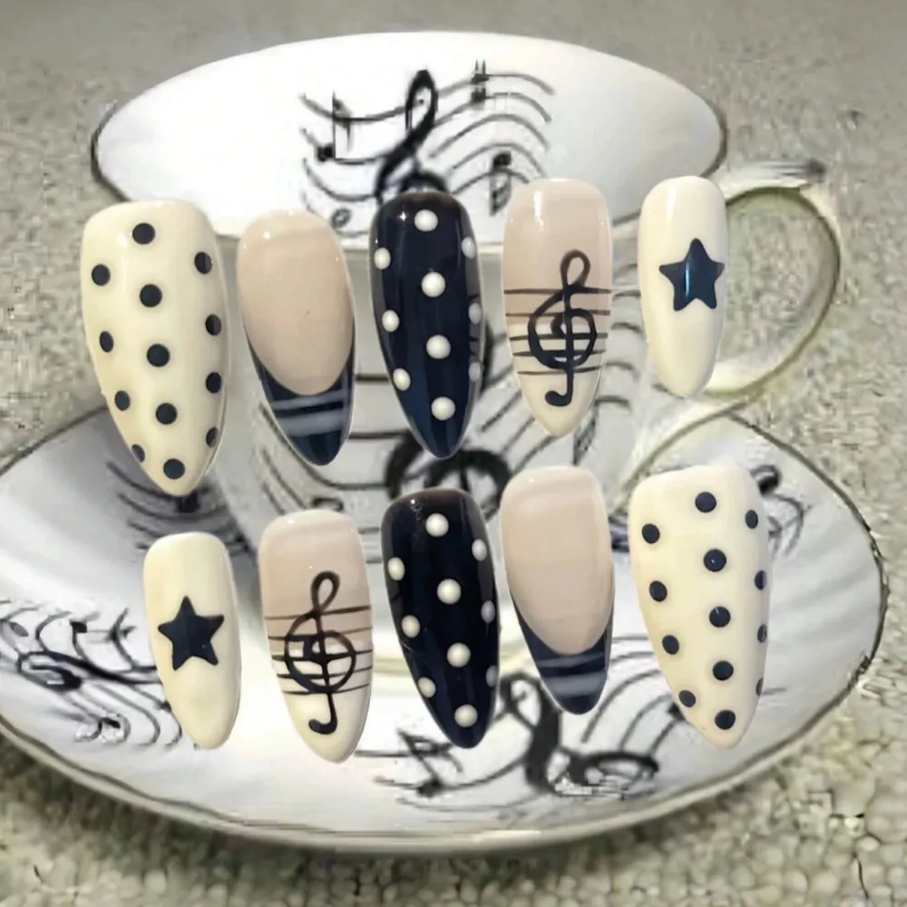 Nailhour 10Pcs Handmade Almond French Polka Dot With Music Note Press On Nails