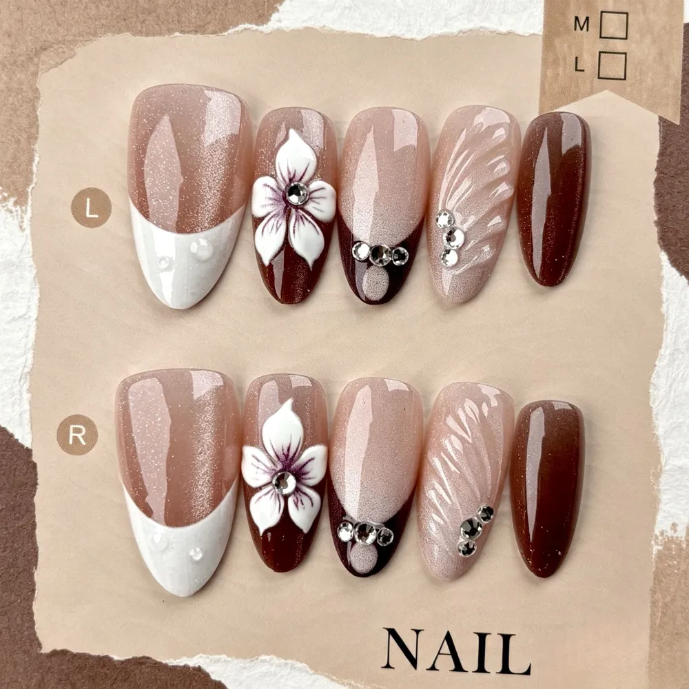 Nailhour 30Pcs Floral 3D Medium Almond French Press On Nails