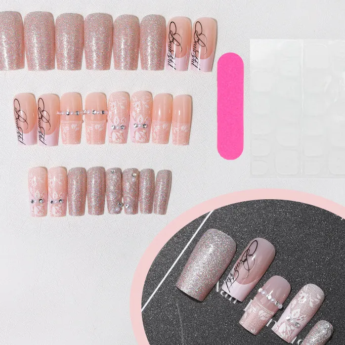 Nailhour 24Pcs Long Square French Lace Pearls Press On Nails