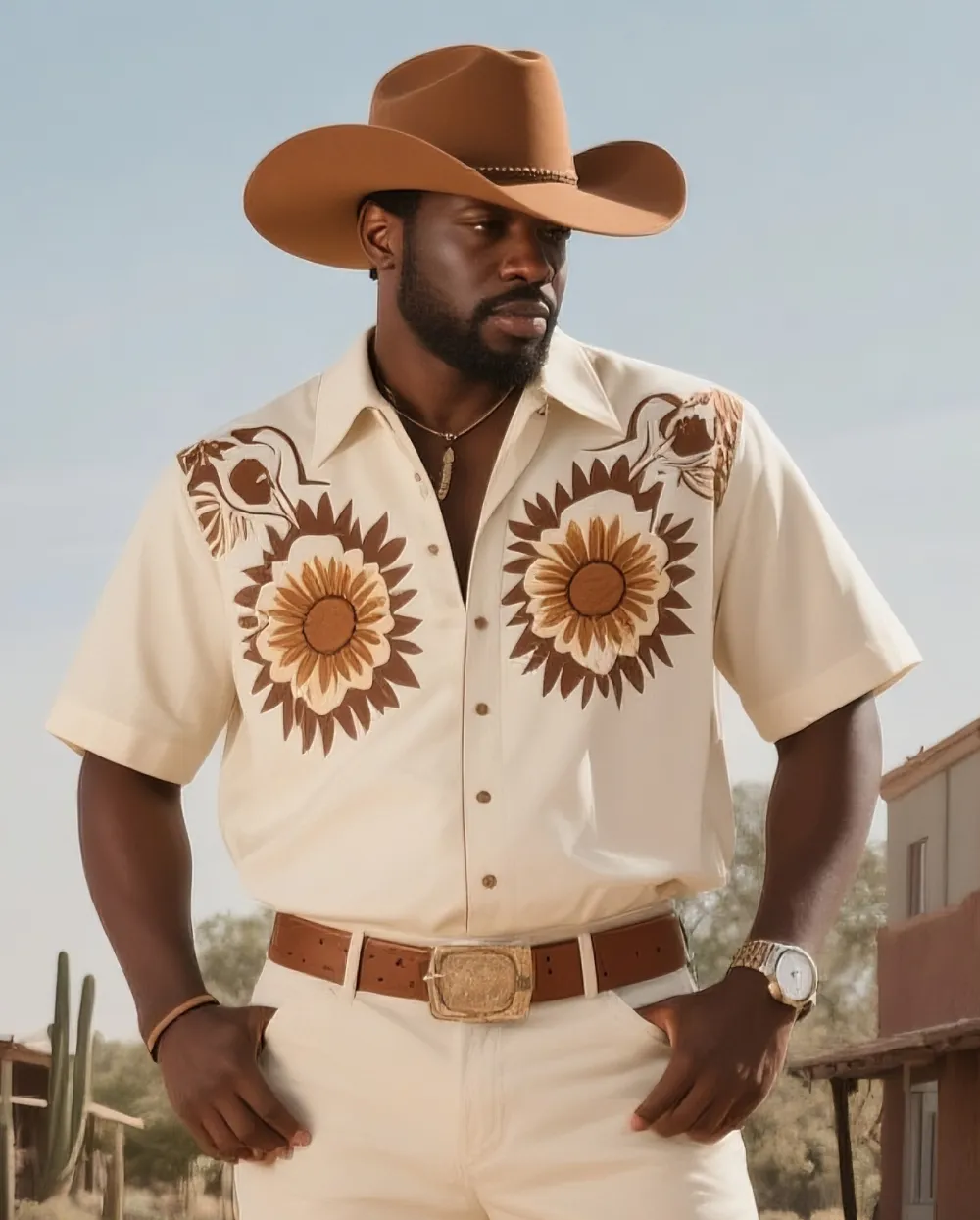 Men'S Plus Size Western Denim Sunset & Textured Print Short Sleeve Shirt