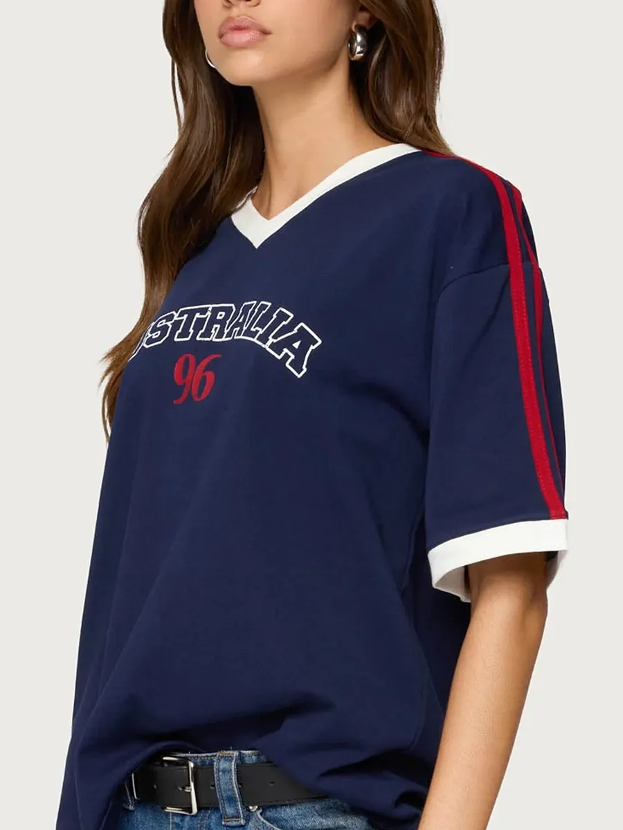 Women's Letter-Printed Color-Blocking V-Neck T-Shirt