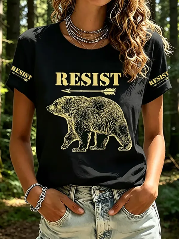 Women's Resist Bear Print Retro Short-Sleeve T-Shirt