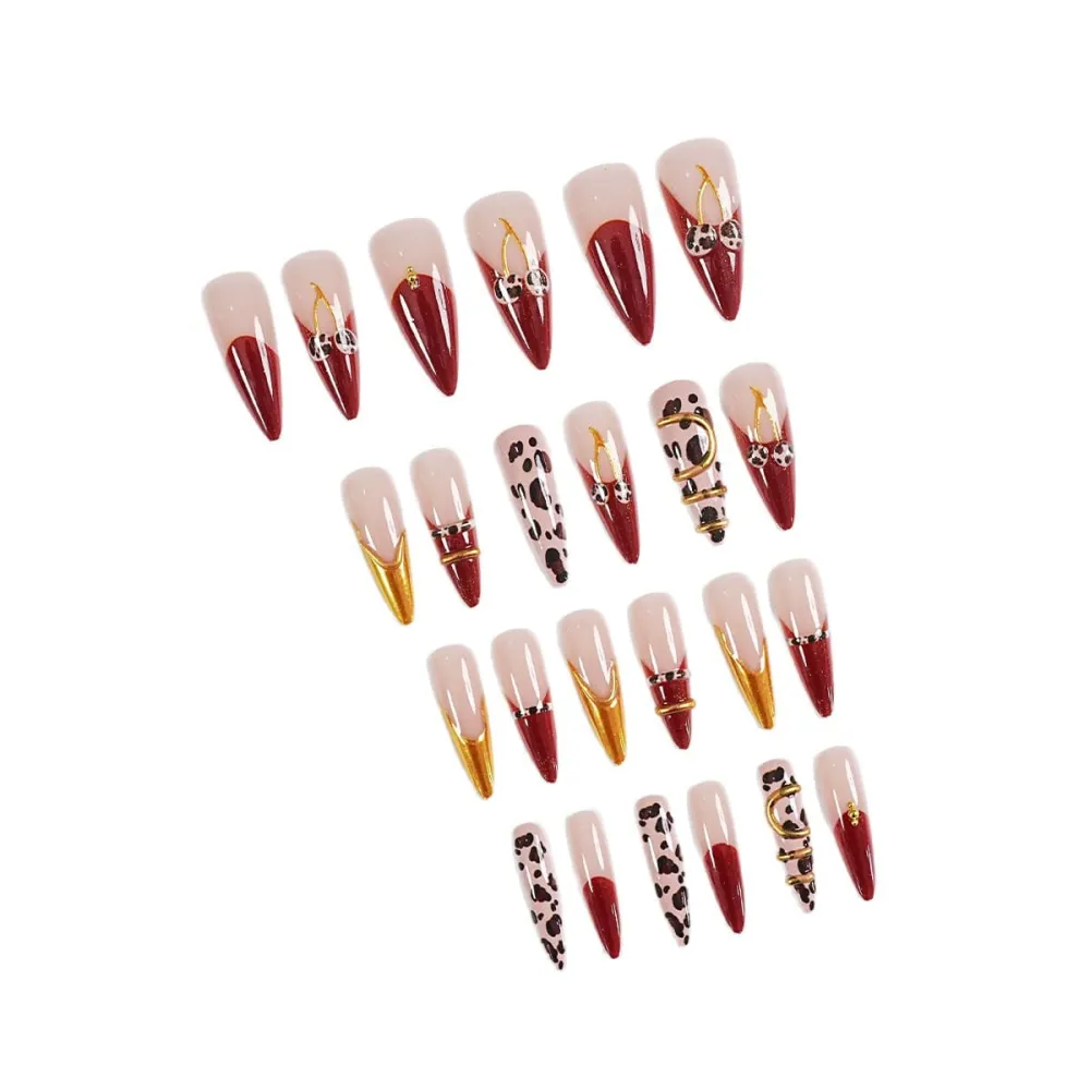 Nailhour 24Pcs 3D Gilded Red Leopard Print Cherry Long Almond Press On Nails