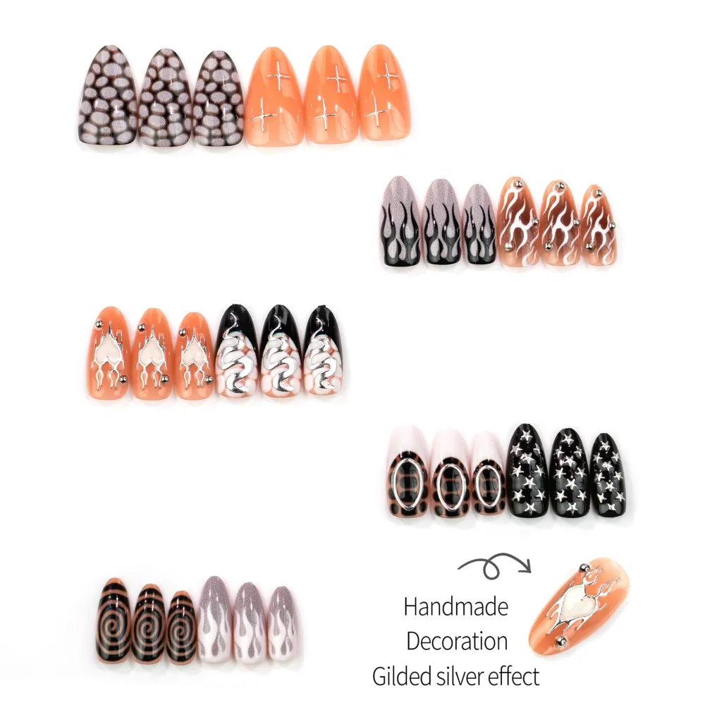 Nailhour 30Pcs Halloween Black 3D Medium Almond Press On Nails