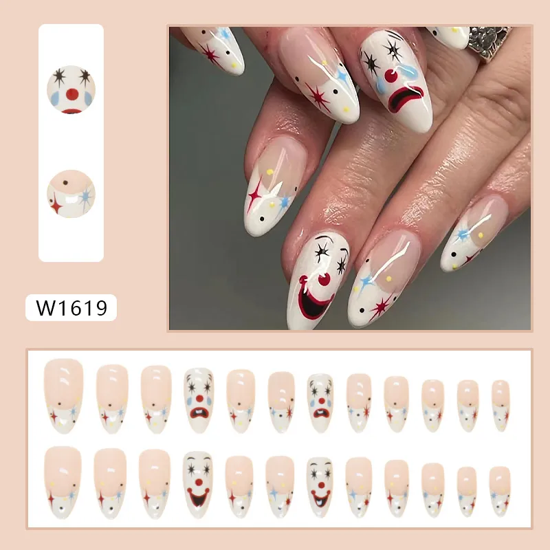 Nailhour Almond White 24Pcs Matte Smiling Face Clown Press On Nails