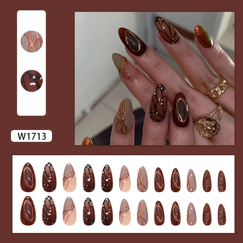 Nailhour 24Pcs Ripple Butterfly Brown Autumn Press On Nails
