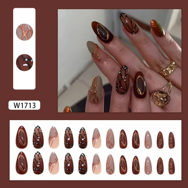Nailhour 24Pcs Ripple Butterfly Brown Autumn Press On Nails