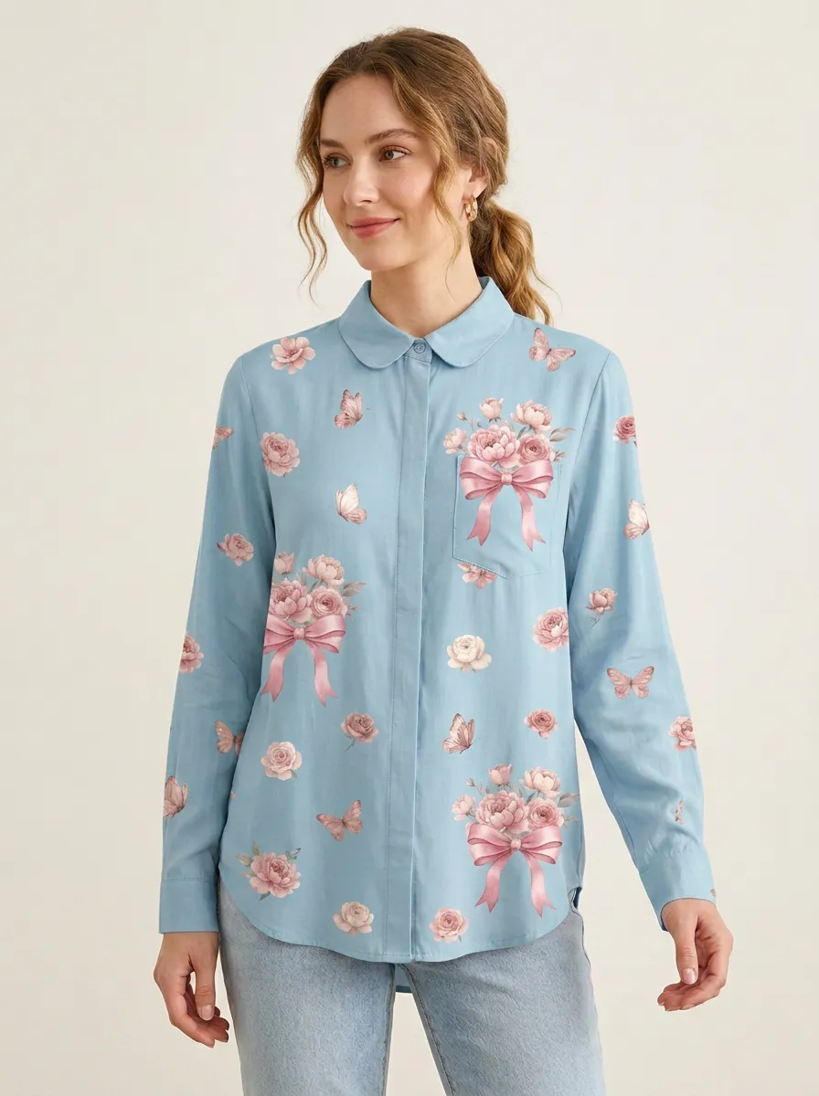 Women's Breast Cancer Awareness Floral Bow Butterfly Printed Shirt