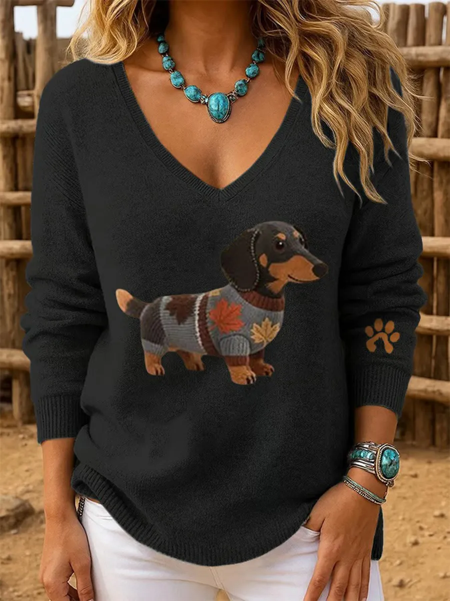 Women's Dog Art Print V Neck Sweater