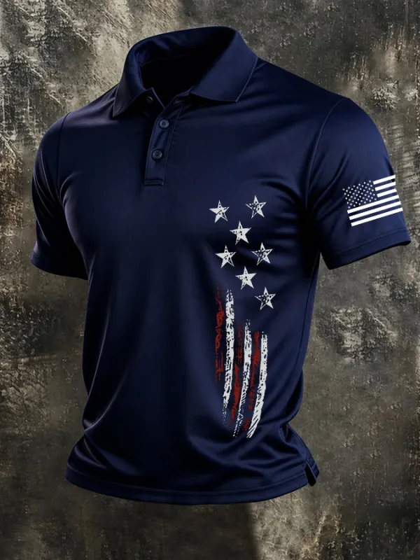 Men'S American Flag Print Casual Polo Shirt