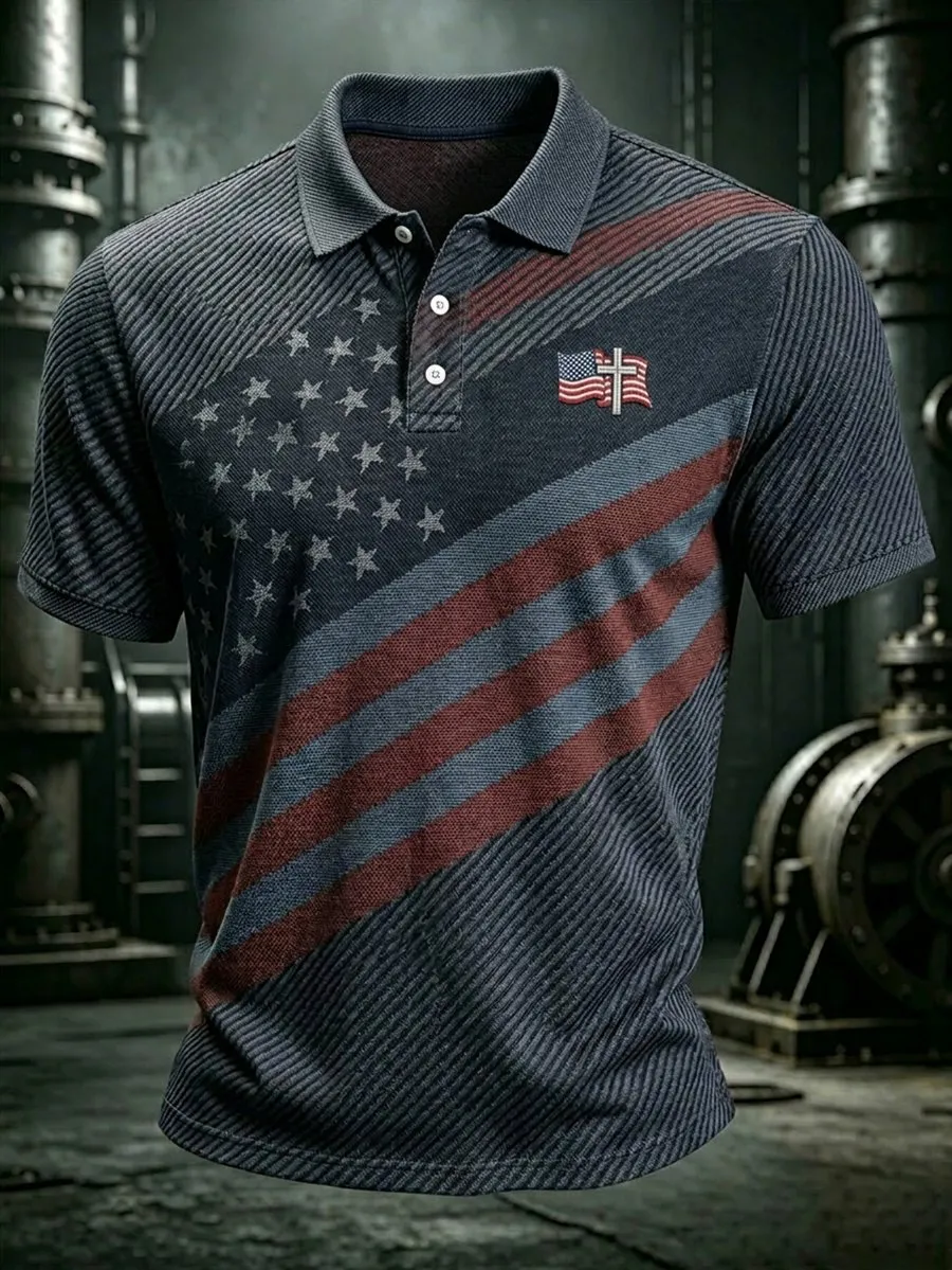 Men'S America Flag Print Casual Polo Shirt
