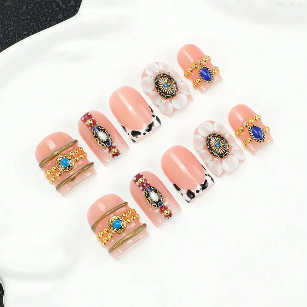 Nailhour 10Pcs Short Square Rhinestone Handmade 3D Gilded Press On Nails