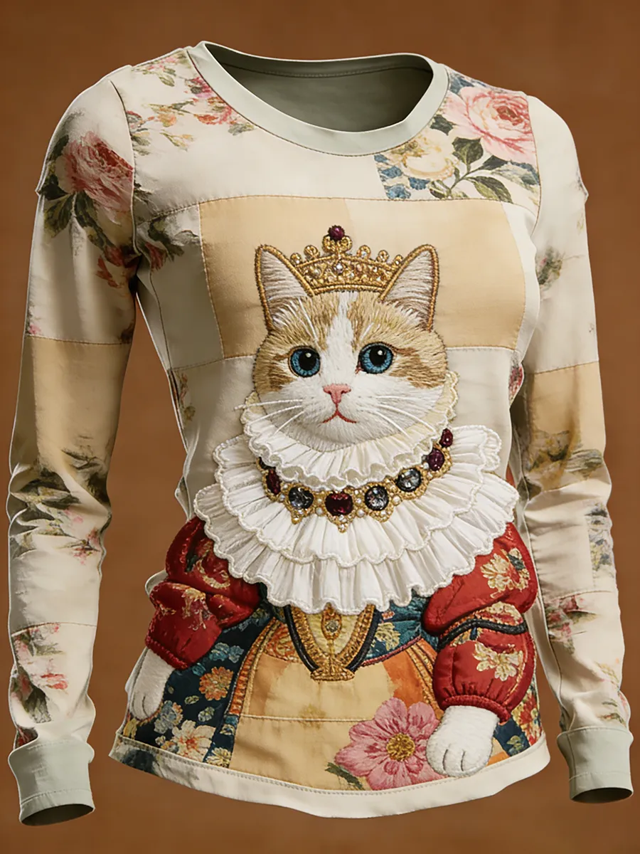 Women's Royal Orange Tabby Cat Crown Embroidered Patchwork Long Sleeve T-Shirt