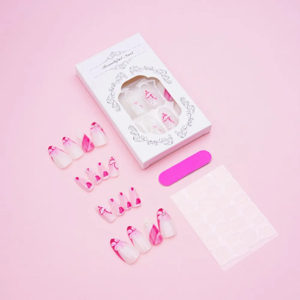 Nailhour 24Pcs Star Floral Pink 3D Medium Almond French Press On Nails
