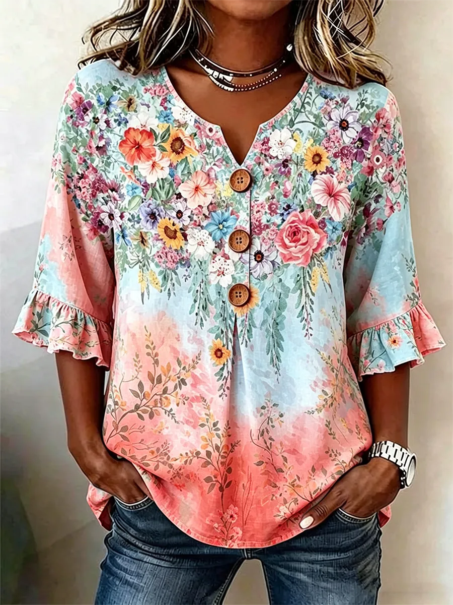 Women's Half Sleeve Floral Lightweight Loose Shirt