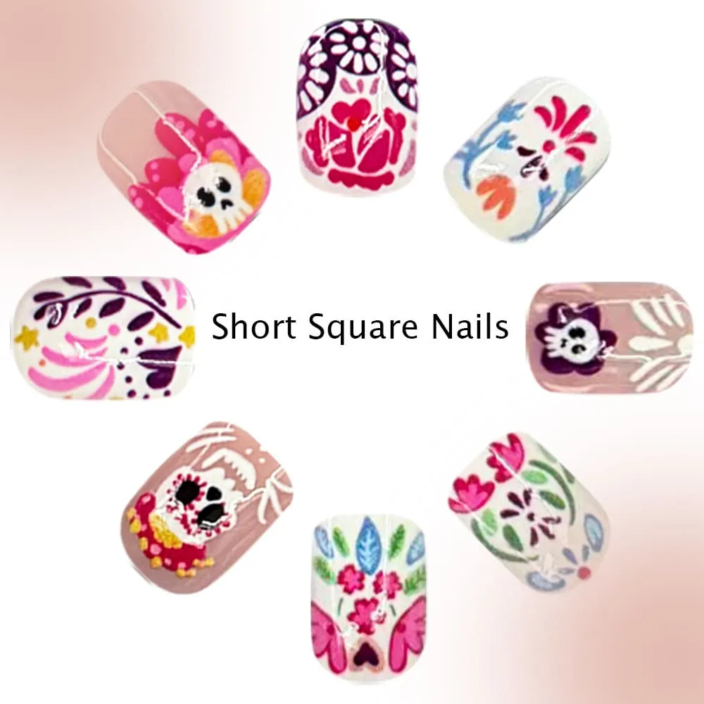 Nailhour 24Pcs Skeleton Halloween Multicolor Floral Short Oval Press On Nails