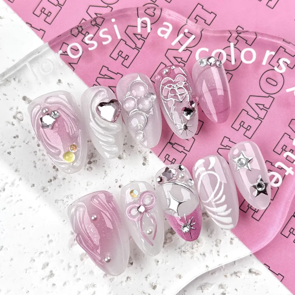Nailhour 30Pcs Cat Eye Sweet And Cool Medium Almond French Press On Nails