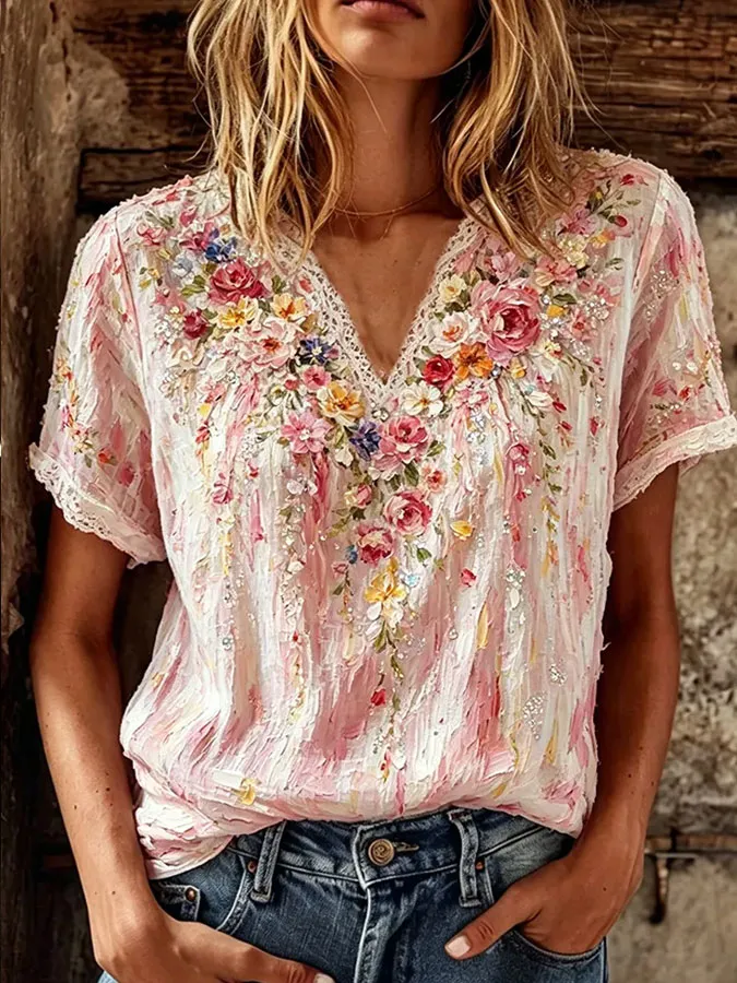 Women'S Floral Print Casual V-Neck Cotton And Linen Top