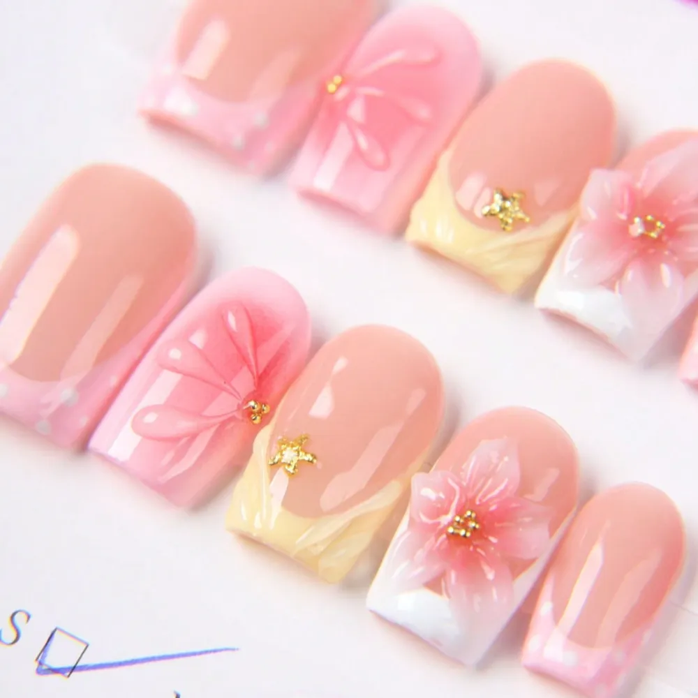 Nailhour 10Pcs French Y2K 3D Floral Handmade Medium Square Press On Nails