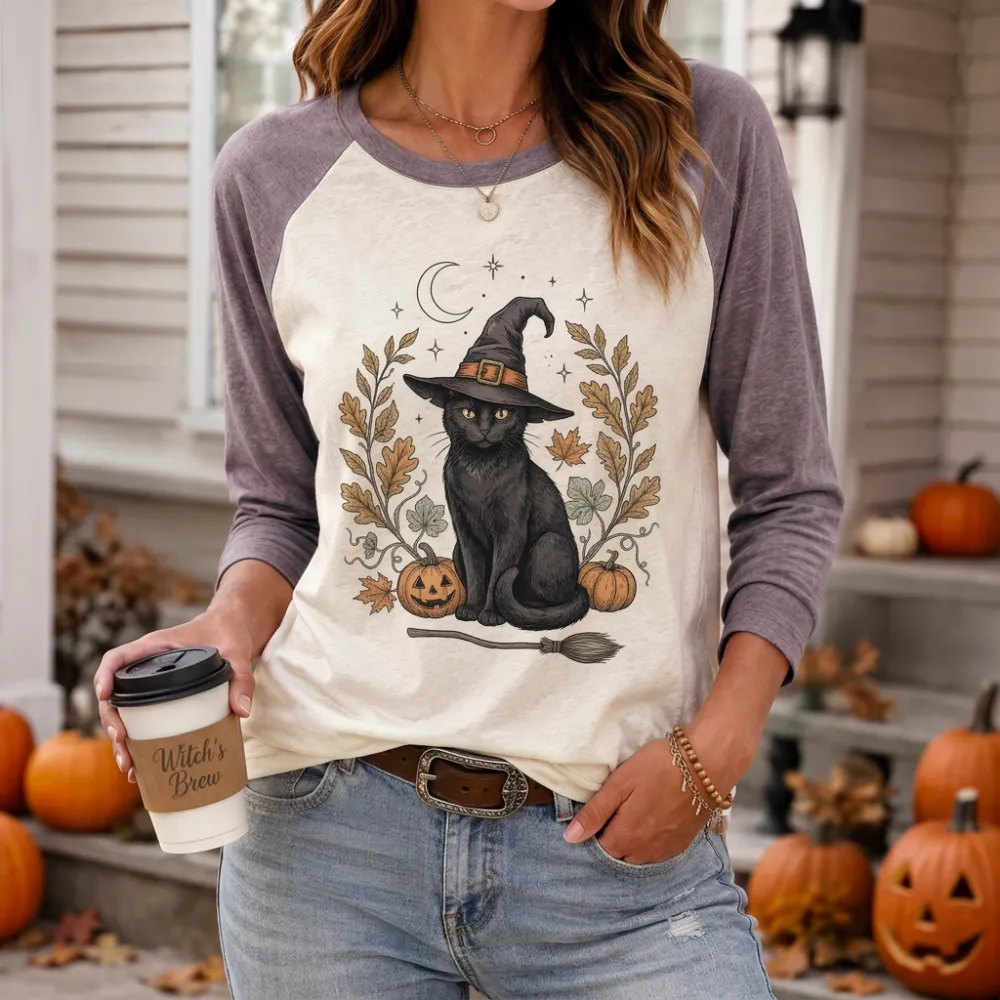 Women's Halloween Cat Witch Pumpkin Printed Raglan T-shirt