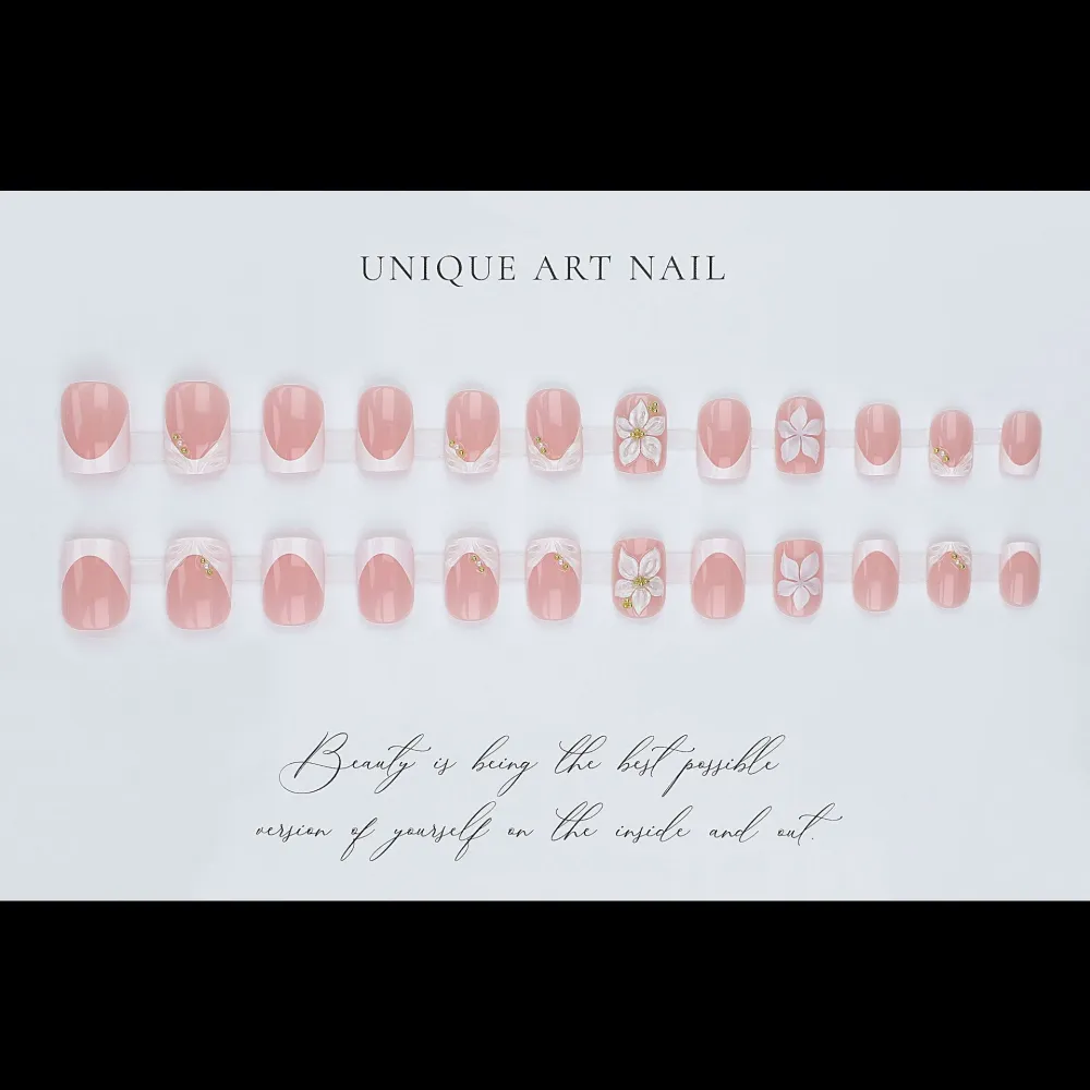 Nailhour French Short Square Nude Floral 24Pcs Wedding Daily Press On Nails