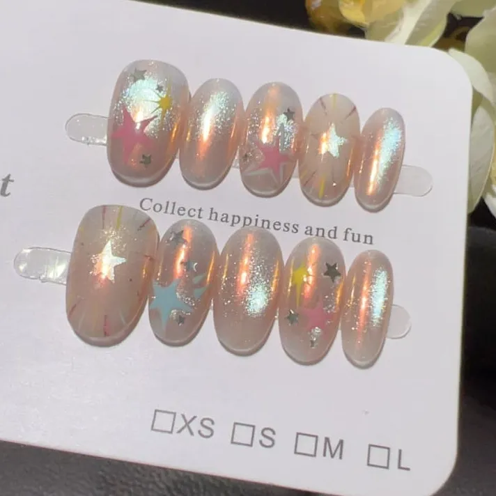 Nailhour 10Pcs French Cat Eye Macaron Color Blocking Medium Oval Press On Nails