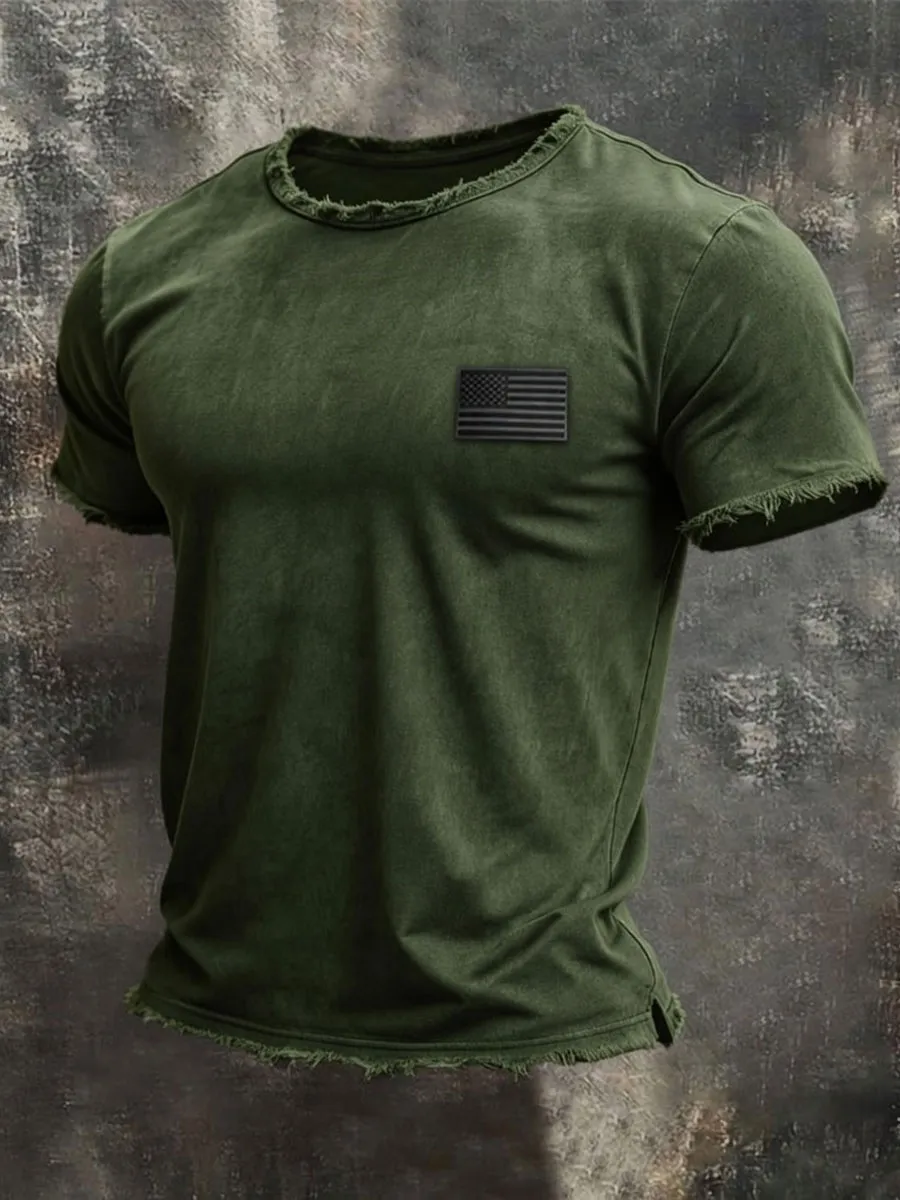 Men'S Retro Style Loose Cuff 100% Cotton Washed And Faded T-Shirt