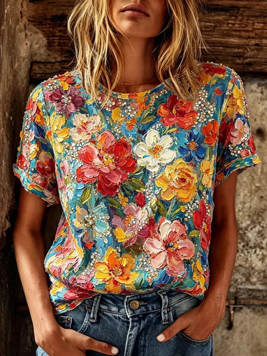 Women's Retro Oil Painting Floral Art Crew Neck Cotton Linen Short Sleeve Top
