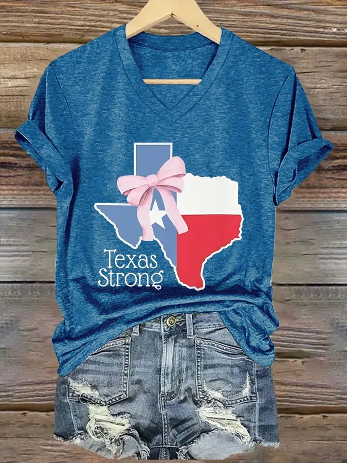 V Neck Retro Texas Strong Bow Print T-Shirt