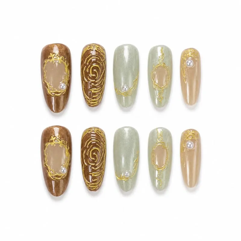 Nailhour 30Pcs Amber Gilded Medium Almond French Press On Nails