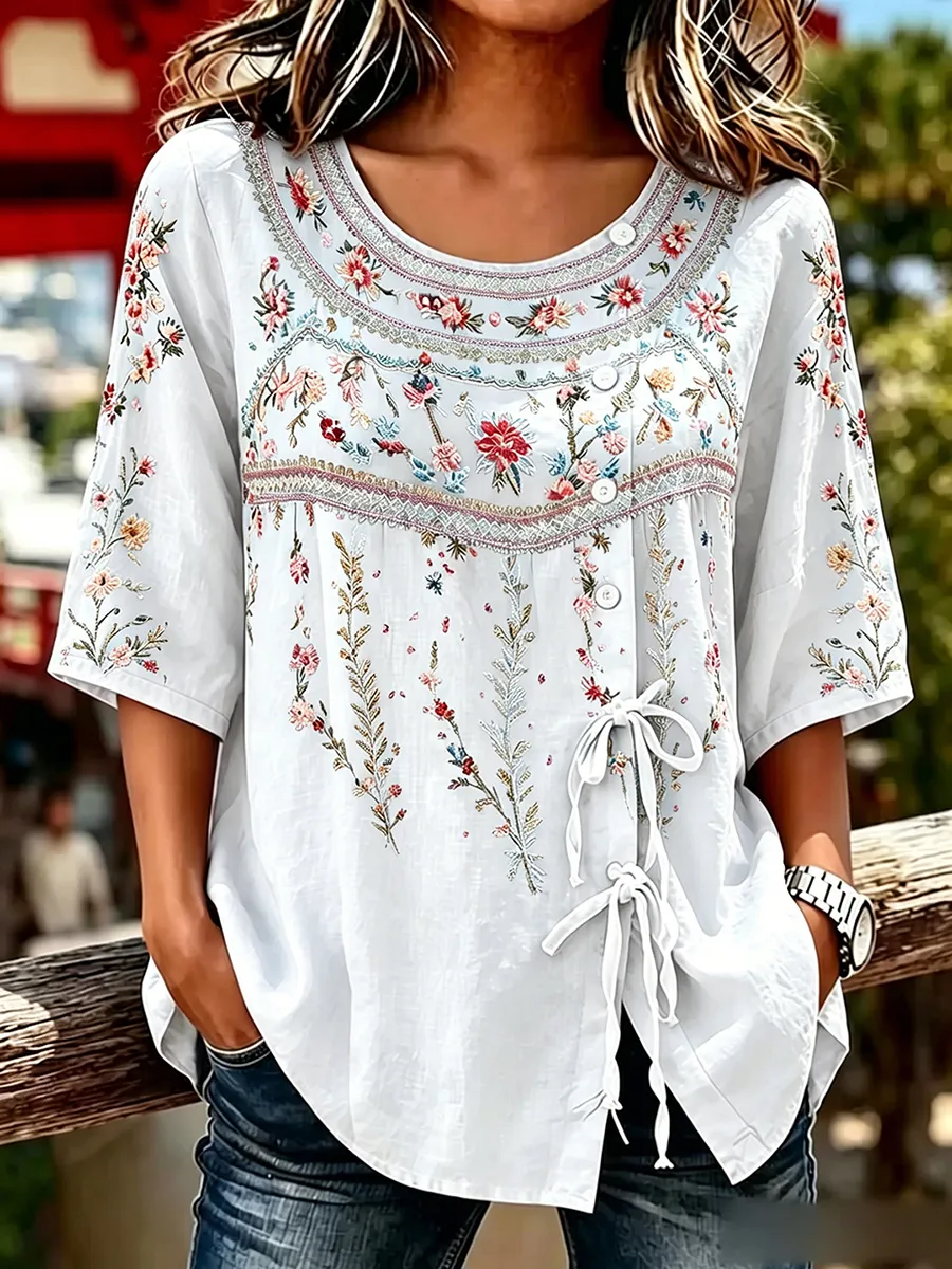 Women's  Floral Embroidered Tie Front 3/4 Sleeve Blouse