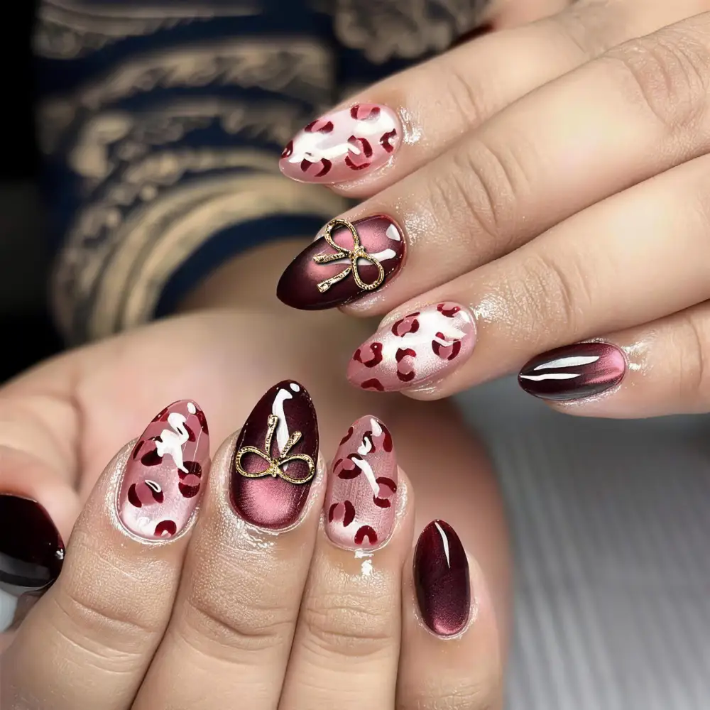 Nailhour 30Pcs Autumn Cat Eye Medium Almond Press On Nails