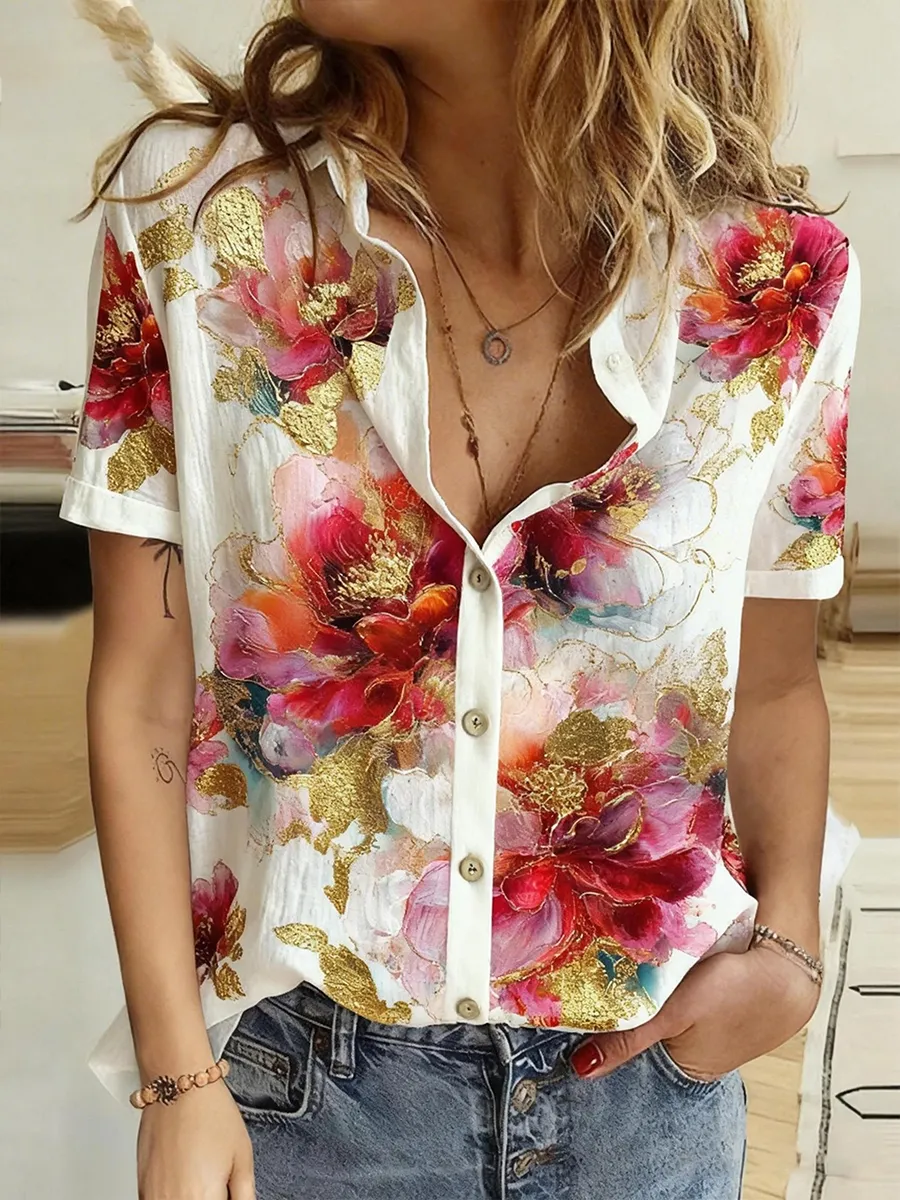 Women's Comfortable Artistic Floral Cotton Linen Shirt