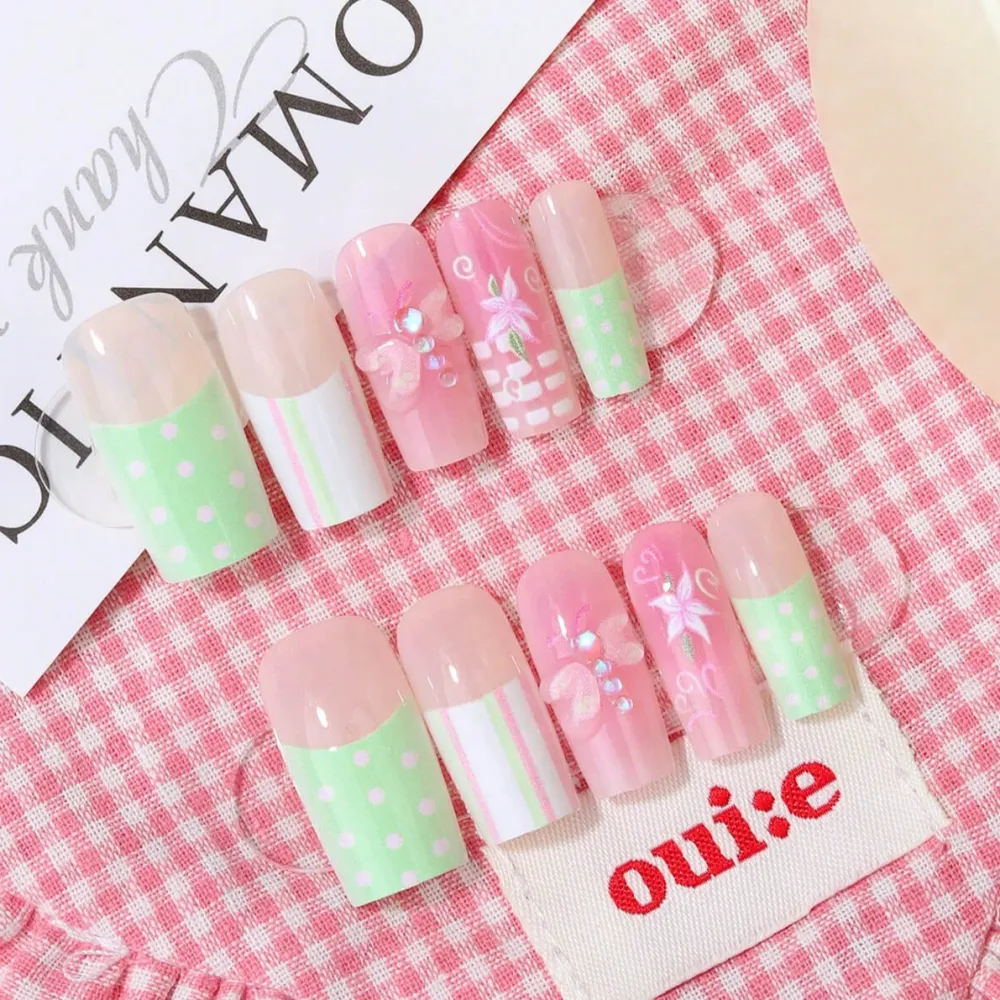 Nailhour 24Pcs French Long Square Retro Picnic Press On Nails
