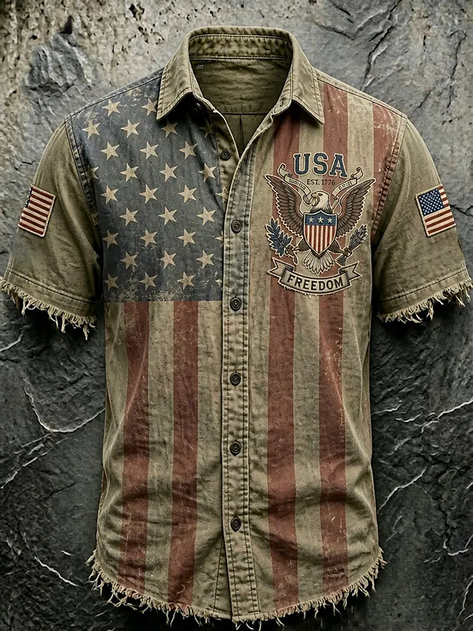 Men'S America Flag Printed Casual Collar Shirt