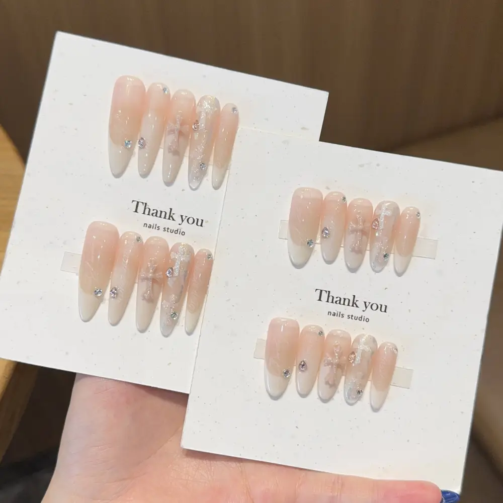 Nailhour 10Pcs 3D Resin Long Almond French Press On Nails