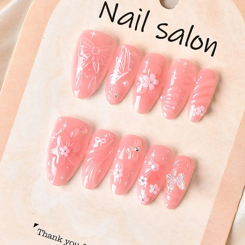Nailhour 30Pcs Floral 3D Pink Medium Almond French Butterfly Bow Press On Nails