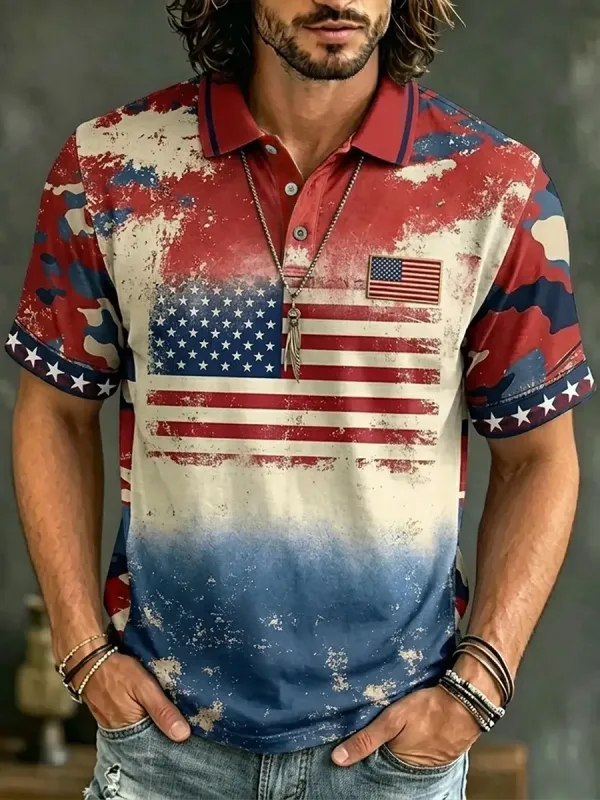 Men'S American Flag Print Casual Polo Shirt