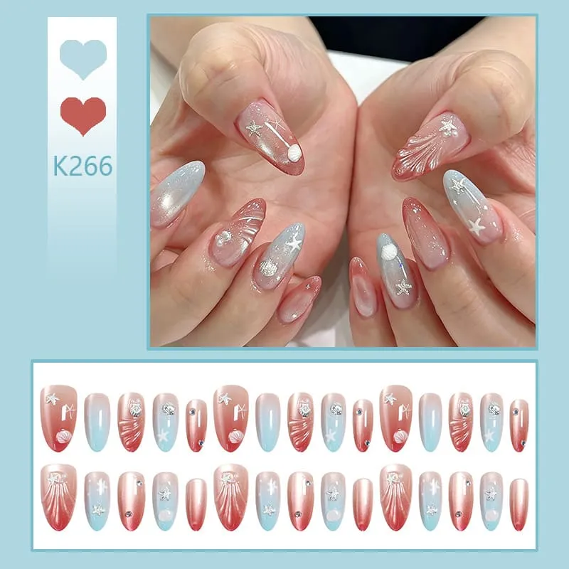 Nailhour 30Pcs Gradient Cat Eye 3D Medium Almond French Press On Nails