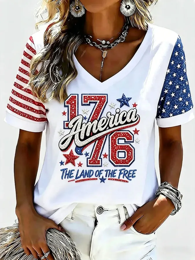 Women'S One Nation Under God Print Casual V-Neck T-Shirt