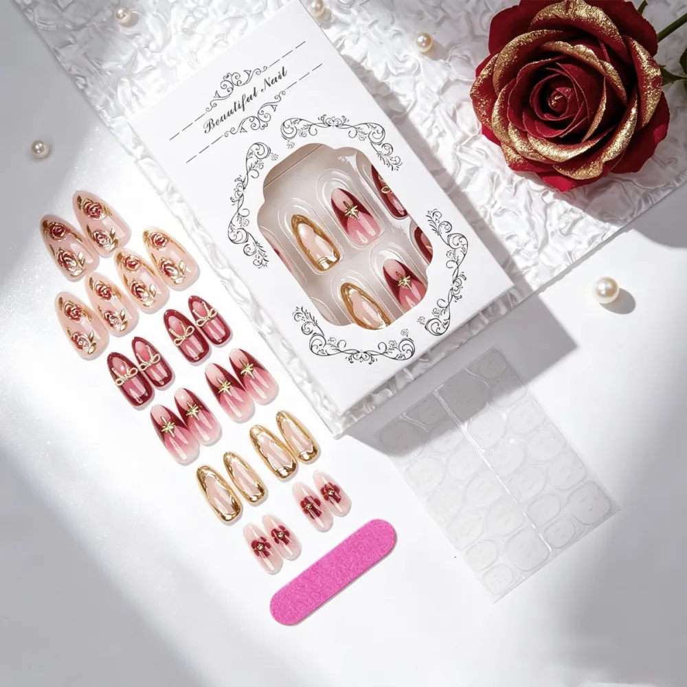Nailhour 30Pcs Gilded Rose 3D Medium Almond Red Press On Nails