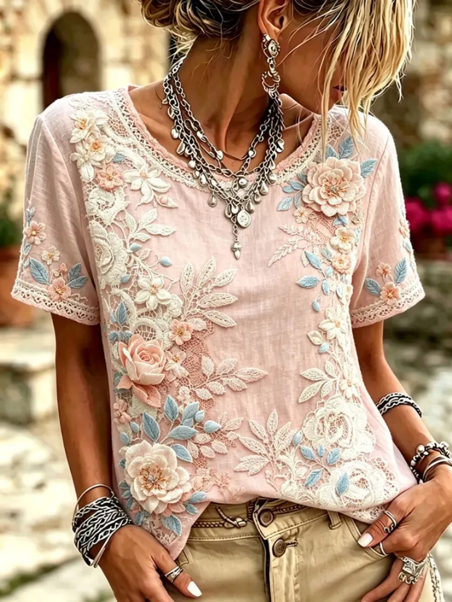 Women's Floral Art Short Sleeve Linen Shirt