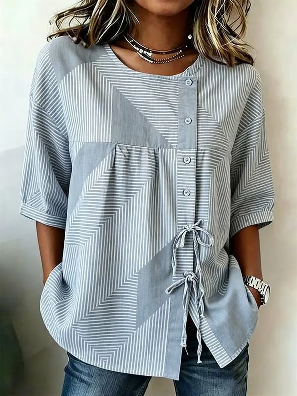Women'S Casual Striped Printed Cotton Linen Short Sleeved Shirt