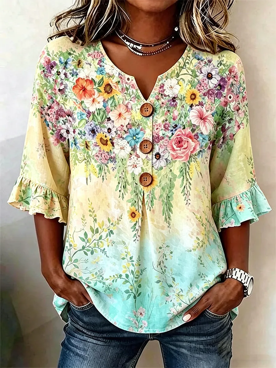 Women's Half Sleeve Floral Lightweight Loose Shirt