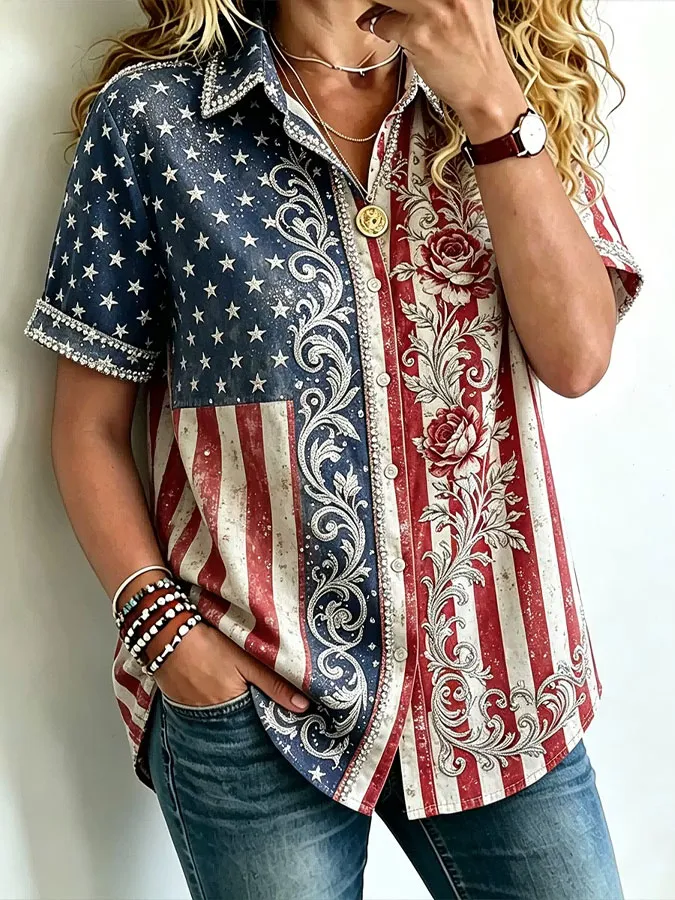 Women'S Casual American Flag Floral Print Lapel Shirt