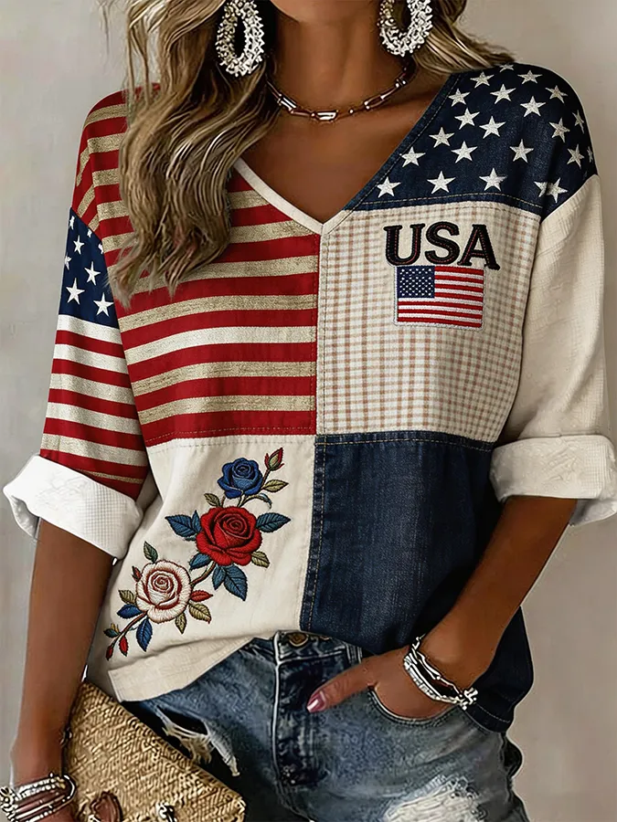 Women's American 250th Anniversary Three-Quarter Sleeve V-Neck Top