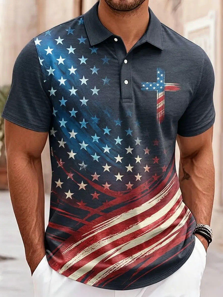 Men's American Flag Faith Art Short-Sleeve Polo Shirt