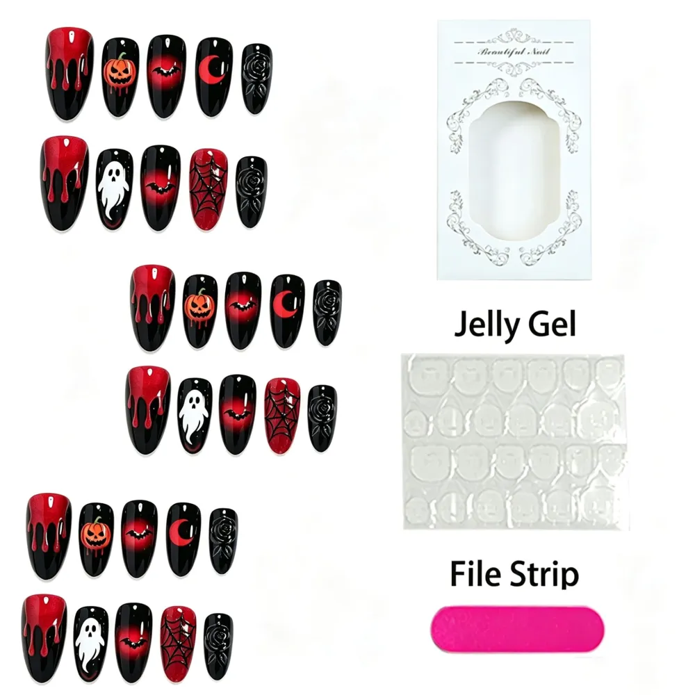 Nailhour 30Pcs Halloween Ghost Handmade Medium Almond Press On Nails