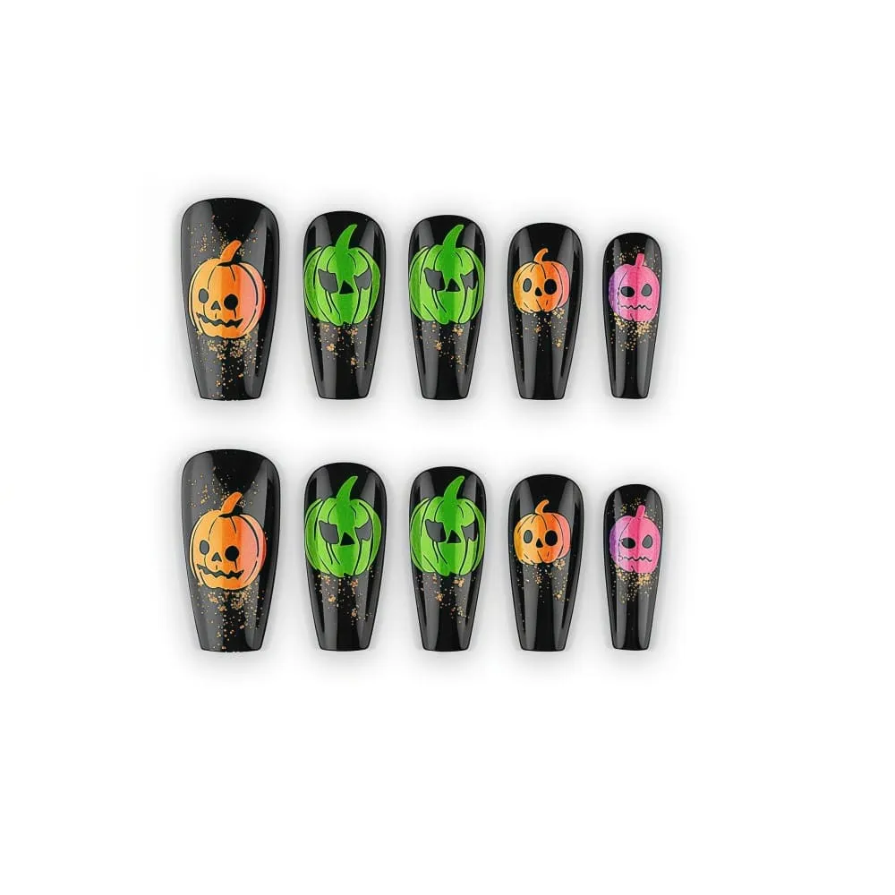 Nailhour 24Pcs Halloween Pumpkin Ghost Long Coffin Press On Nails