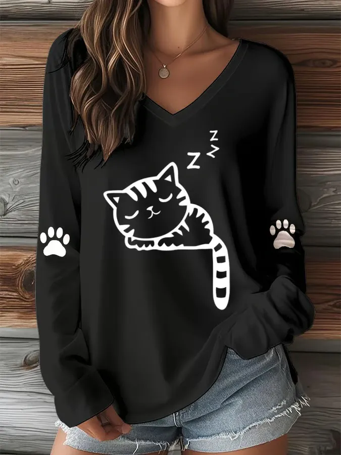 Women's T-shirt With Cute Cat Print And V-Neck And Long Sleeves